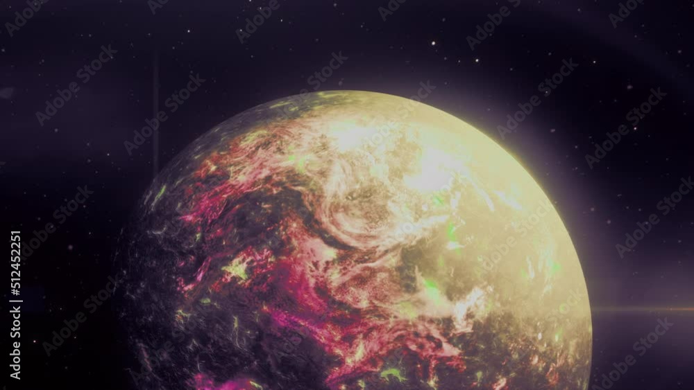 Poster a bright view of space . motion . a beautiful planet rotates in an animation that shimmers with brig
