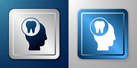 White Toothache icon isolated on blue and grey background. Silver and blue square button. Vector