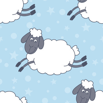 Vector Seamless Pattern with Funny Cute Flying Sheeps on Blue Background. Cartoon Sheeps Seamless Texture, Textile, Wallpaper Design