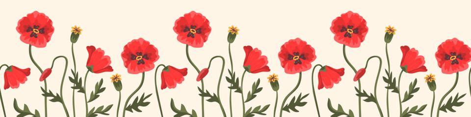 Seamless vector floral border with red poppies. Bright colorful horizontal ornament with flowers for prints, fabrics and backgrounds. Surface design. Vivid colors. Hand drawn flat doodle illustration 