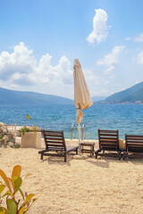 Beach vacation.  Montenegro, view of Bay of Kotor near Tivat city on sunny spring day