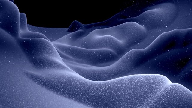 3d render. Stylish festive black bg. Fantastical abstract background, waves on matte surface like landscape made of liquid blue wax with sparkles. Beautiful soft background