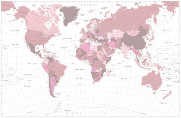 Pink world map with names of countries and their capitals