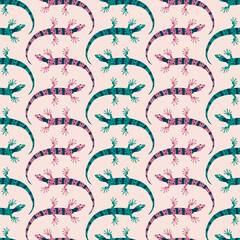 Adorable lizards hand drawn vector illustration. Cute colorful geckos in flat style seamless pattern for children fabric or wallpaper.
