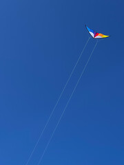 Kite Flying Against A Clear blue Sky On A Summer cloudless day. Graphical concept with copy space.