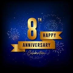 8th anniversary logo with golden ribbon for booklets, leaflets, magazines, brochure posters, banners, web, invitations or greeting cards. Vector illustrations.