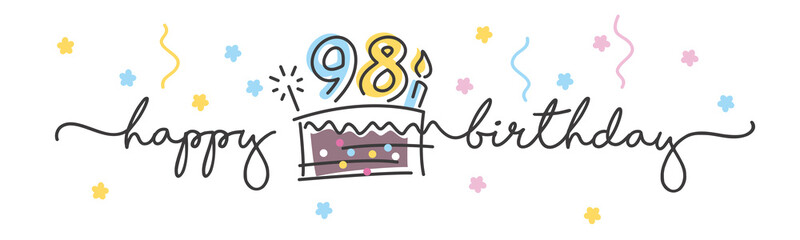 98th Birthday handwritten typography lettering Greeting card with colorful big cake, number, candle and confetti