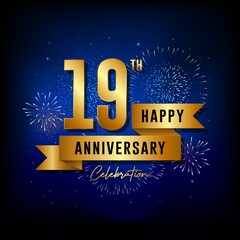 Fototapeta premium 19th anniversary logo with golden ribbon for booklets, leaflets, magazines, brochure posters, banners, web, invitations or greeting cards. Vector illustrations.