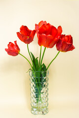 Red tulips in the vase, flower heads open. Bouquet of flowers in a glass vase.