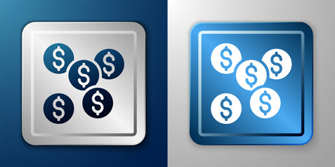 White Dollar symbol icon isolated on blue and grey background. Cash and money, wealth, payment symbol. Casino gambling. Silver and blue square button. Vector