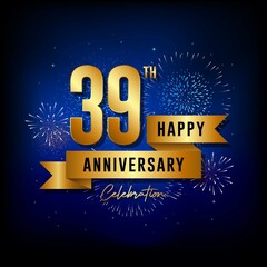 39th anniversary logo with golden ribbon for booklets, leaflets, magazines, brochure posters, banners, web, invitations or greeting cards. Vector illustrations.