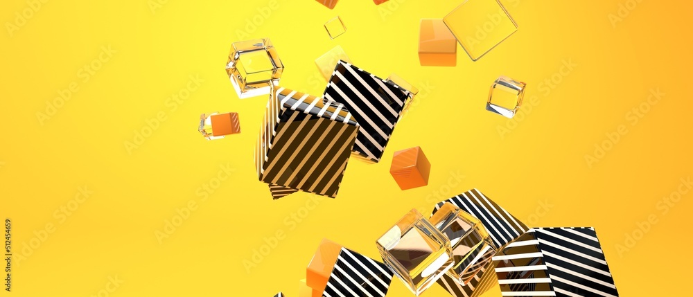 Poster 3d render design of different size of cubes