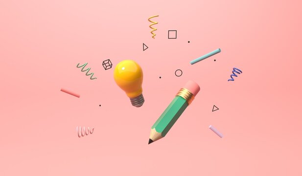 Education and school theme with a lightbulb and a pencil - 3D render