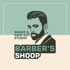 BARBER'S SHOOP MAN HAIR CUT LOGO, silhouette of male face closeup vector illustrations