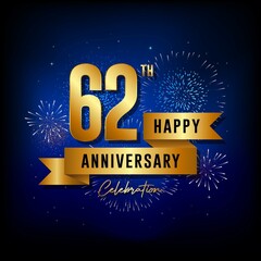 62th anniversary logo with golden ribbon for booklets, leaflets, magazines, brochure posters, banners, web, invitations or greeting cards. Vector illustrations.