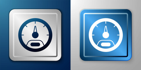 White Speedometer icon isolated on blue and grey background. Silver and blue square button. Vector