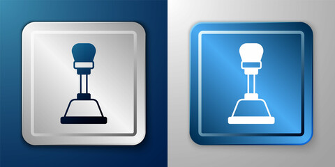White Gear shifter icon isolated on blue and grey background. Manual transmission icon. Silver and blue square button. Vector