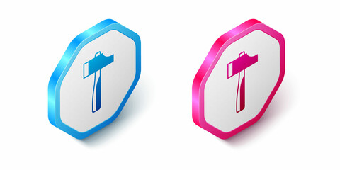 Isometric Hammer icon isolated on white background. Tool for repair. Hexagon button. Vector