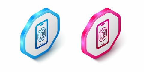 Isometric Smartphone with fingerprint scanner icon isolated on white background. Concept of security, personal access via finger on mobile. Hexagon button. Vector