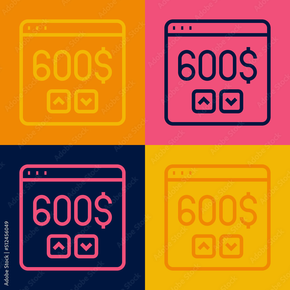 Poster pop art line monitor with dollar icon isolated on color background. sending money around the world, 