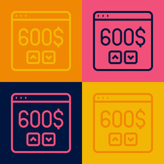 Pop art line Monitor with dollar icon isolated on color background. Sending money around the world, money transfer, online banking, financial transaction. Vector
