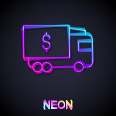 Glowing neon line Armored truck icon isolated on black background. Vector