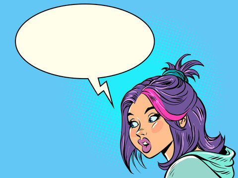 Young woman talking, communication dialogue comic bubble. Pop art style