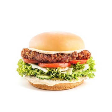 Tasty Burger with crispy chicken on isolated background