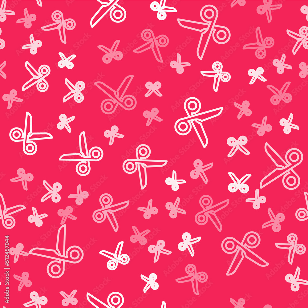 Aufkleber white line scissors icon isolated seamless pattern on red background. cutting tool sign. vector