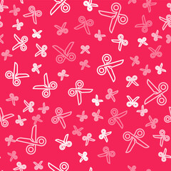 White line Scissors icon isolated seamless pattern on red background. Cutting tool sign. Vector