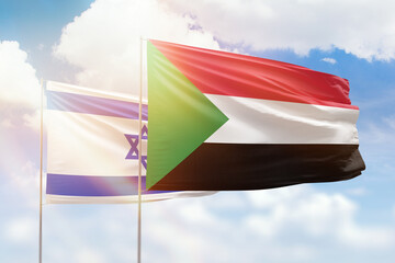 Sunny blue sky and flags of sudan and israel