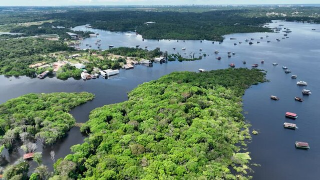 Manaus Brazil. Taruma River at Amazon Forest affluent of giant Black River at Amazonian Biome. Natural wildlife landscape. Global warming logging deforestation. Amazon rainforest wildlife.