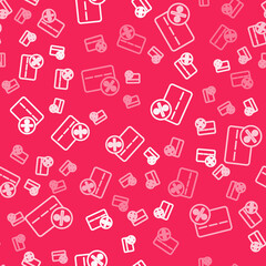 White line Discount card with percent icon isolated seamless pattern on red background. Loyalty points card. Vector