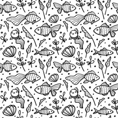 Cute childish pattern with swimming underwater fishes, seaweeds and seashells. Vector sea animals backdrop hand drawn in sketch style for kids coloring books, textile, wrapping paper