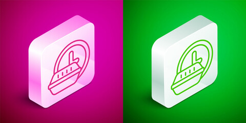 Isometric line Round the clock delivery icon isolated on pink and green background. Silver square button. Vector