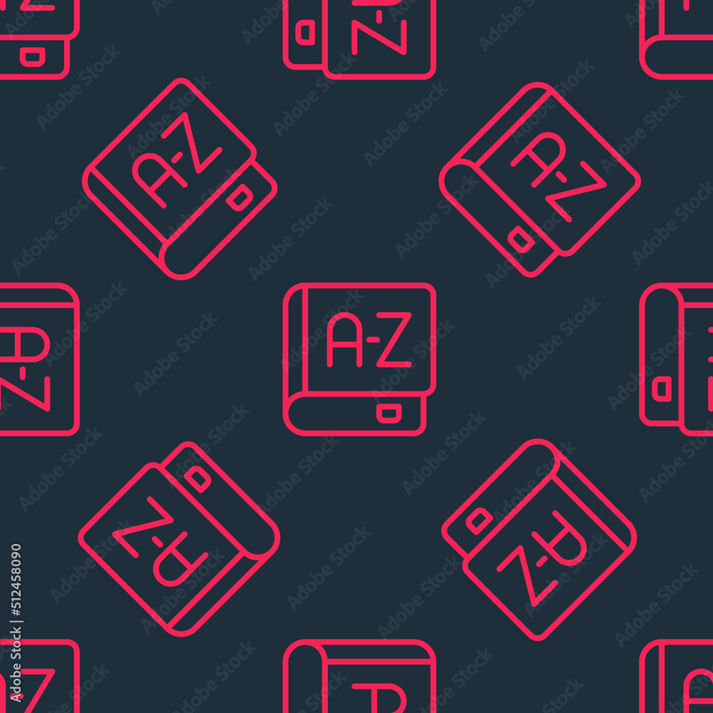 Poster red line translator book icon isolated seamless pattern on black background. foreign language conver