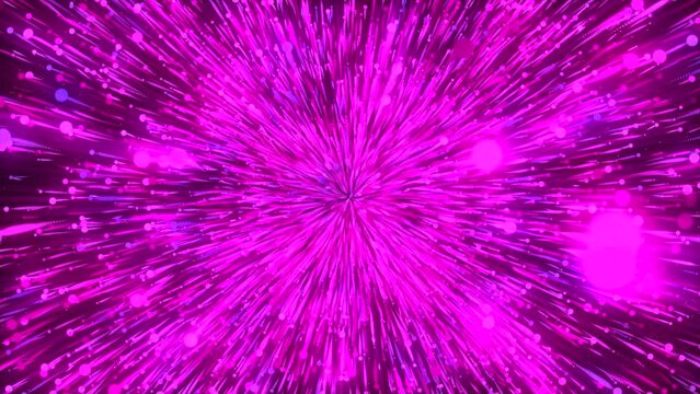 Magic pink animation with sphere of particles and rays becoming smaller. Motion. Particles moving towards the screen center.