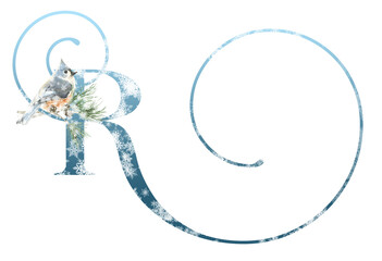 Watercolor Christmas Floral Animal Alphabet blue letter R with floral bouquet, Winter Woodland Animal botanical illustration. Monogram initials for wedding stationery, nursery, greeting card, logo