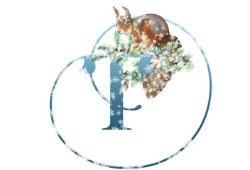 Watercolor Christmas Floral Animal Alphabet blue letter T with floral bouquet, Winter Woodland Animal botanical illustration. Monogram initials for wedding stationery, nursery, greeting card, logo