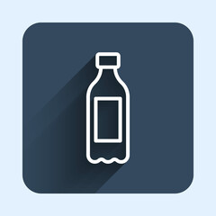 White line Bottle of water icon isolated with long shadow background. Soda aqua drink sign. Blue square button. Vector