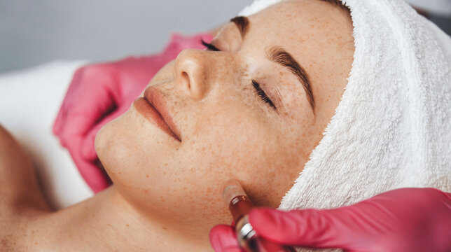 Woman getting electrostimulation lifting therapy at spa salon. Beauty skin. Cosmetic beauty spa salon. Facial treatment.