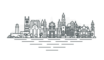 Obraz premium Budva, Montenegro architecture line skyline illustration. Linear vector cityscape with famous landmarks, city sights, design icons. Landscape with editable strokes.