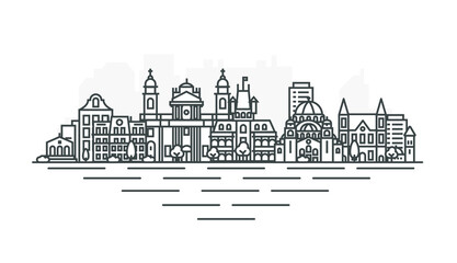 Bruges, Belgium architecture line skyline illustration. Linear vector cityscape with famous landmarks, city sights, design icons. Landscape with editable strokes.