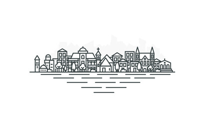 Shkodër, Albania architecture line skyline illustration. Linear vector cityscape with famous landmarks, city sights, design icons. Landscape with editable strokes.