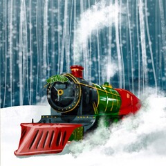 Christmas card. A Christmas locomotive against the backdrop of a winter forest. Watercolor illustration © NNclipart