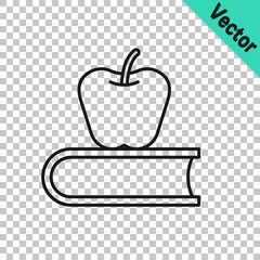 Black line Book with apple icon isolated on transparent background. Vector