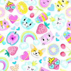 Seamless pattern with hearts, cat and fruits. Cute texture background. Wallpaper for teenager girls. Fashion style