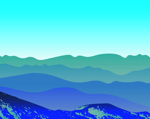 Vector illustration of various mountains in blue tones with clear blue sky in the background.