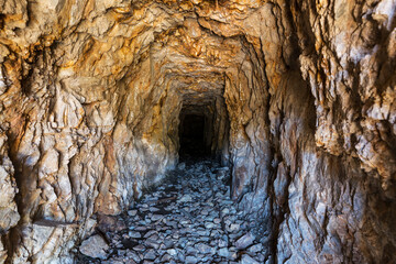 View inside abandoned gold mine near Mammoth Lakes in the Sierra Nevada Mountains of California.