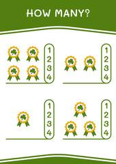 How many of Clover badge, game for children. Vector illustration, printable worksheet